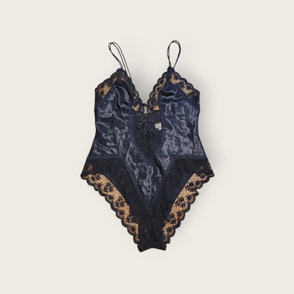 Vintage 90s Victoria's Secret gold label black lace tie front detail bodysuit